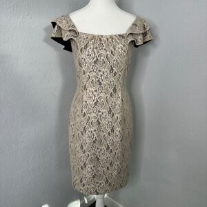 Antonio Melani Dress Size‎ 2 Beige brown floral rose Lace Ruffle Sleeve Dress